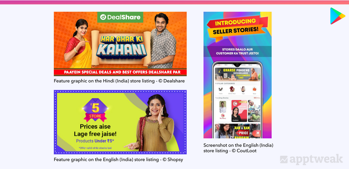 Indian app visuals with captions mixing English and transliterate Hindi on the Play Store
